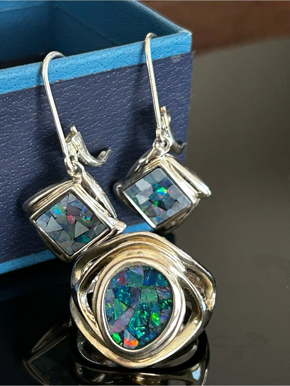 Whitney Kelly Sterling Silver 925 Blue Mosaic Opal Ring Size 8 Earrings Set